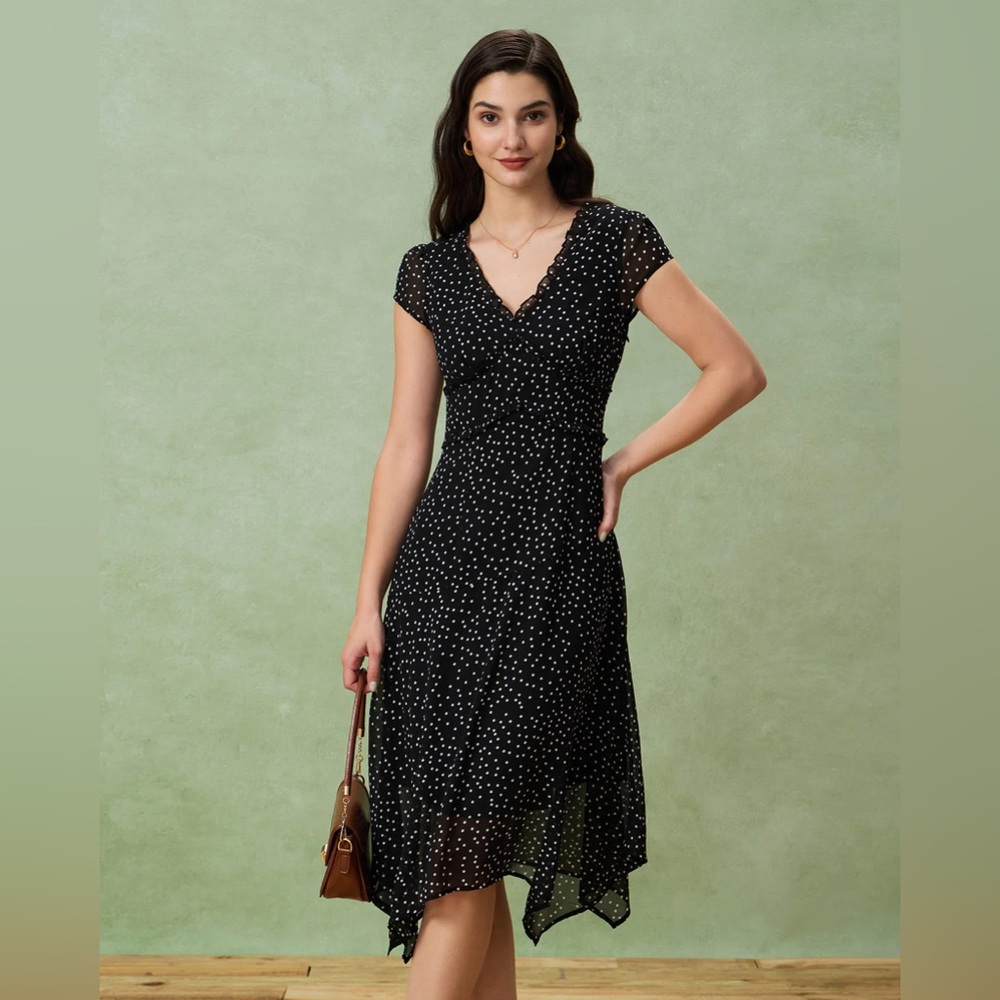 Black V Neck Polka Dot Midi Dress